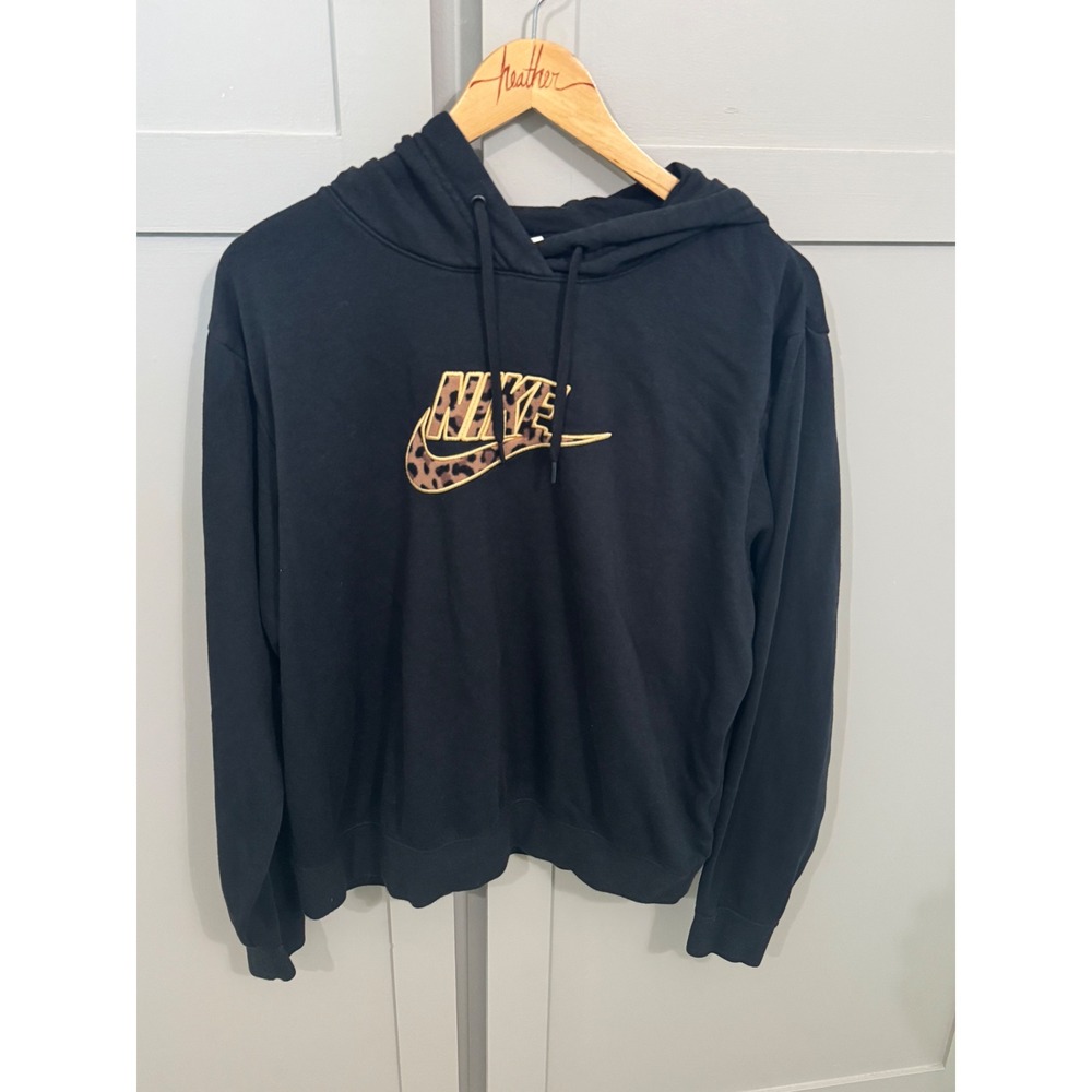 Nike Sportswear Women Black Leopard Print Swoosh Logo Hoodie Medium